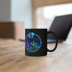 Reach for the Cookie - Black Mug – Cute Green Space Creature - Floating Cookie - Image 4