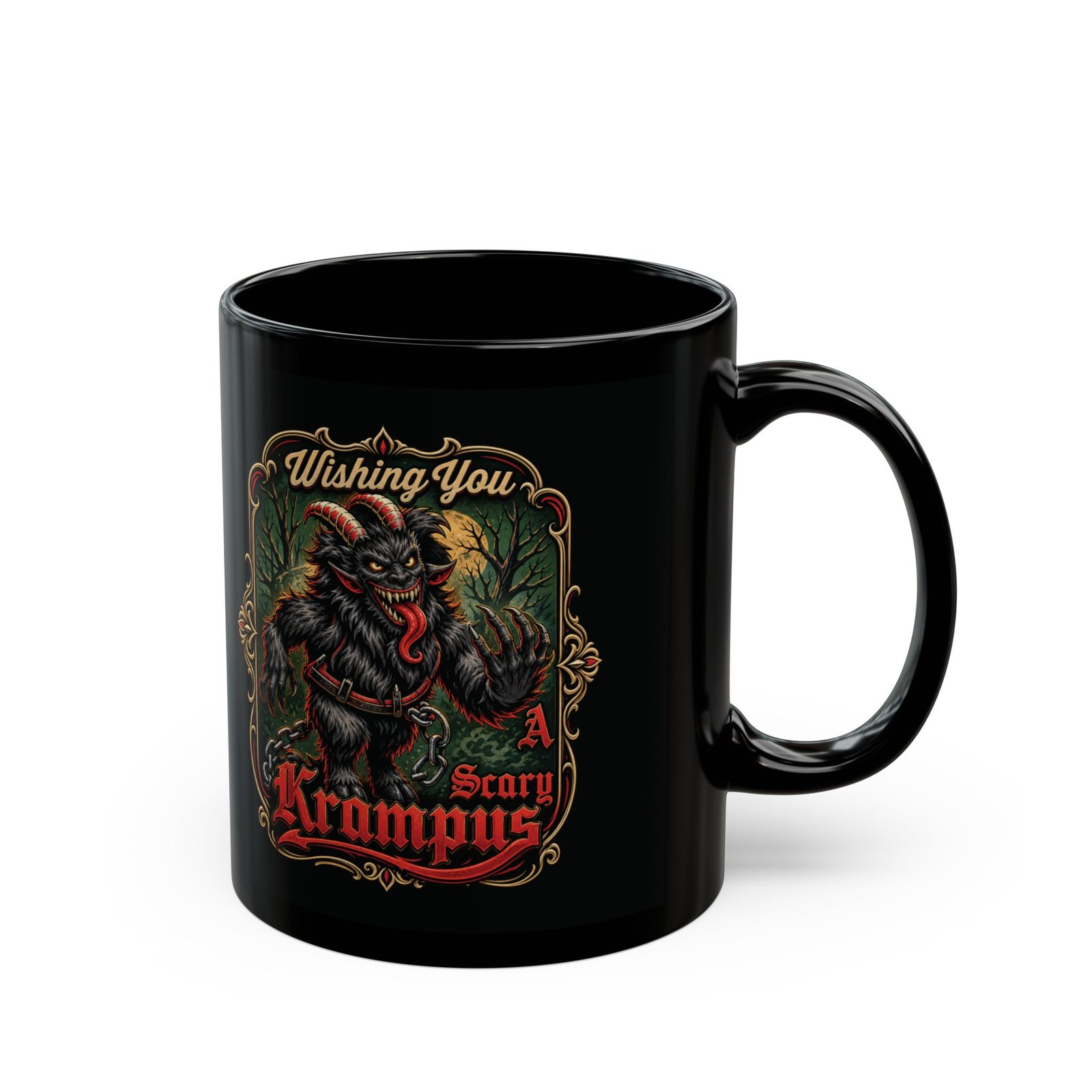 Wishing You a Scary Krampus - Black Mug – Dark Christmas Horror - Image 3