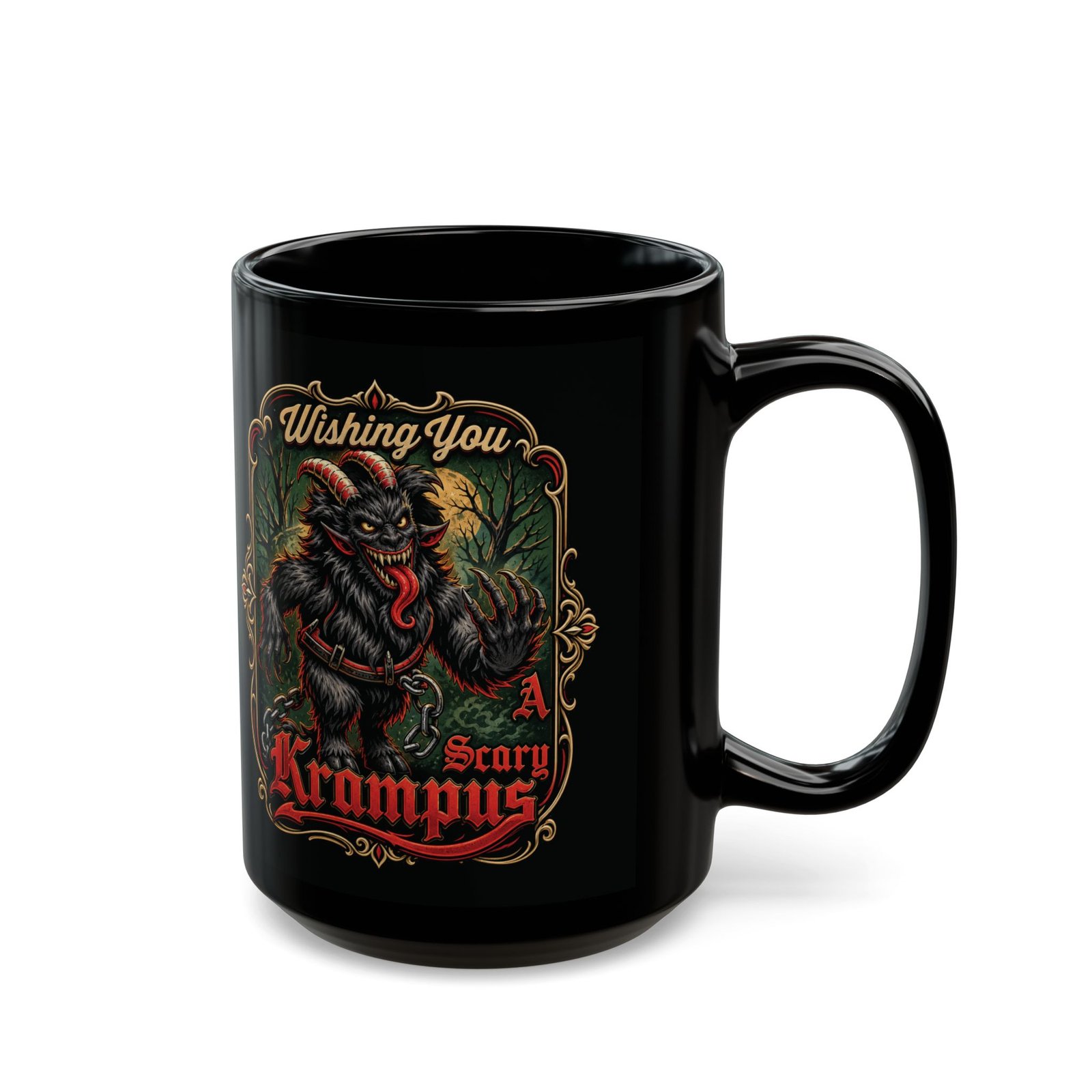 Wishing You a Scary Krampus - Black Mug – Dark Christmas Horror - Image 6
