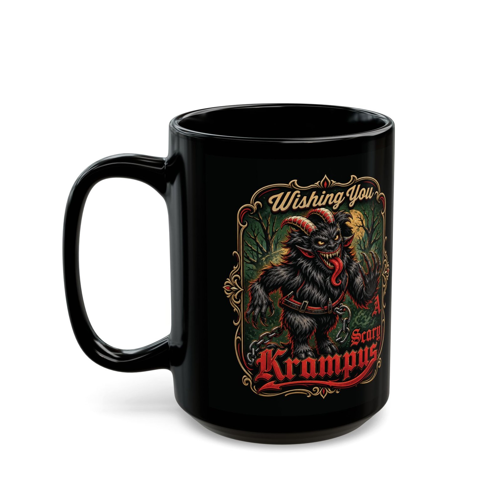 Wishing You a Scary Krampus - Black Mug – Dark Christmas Horror - Image 7