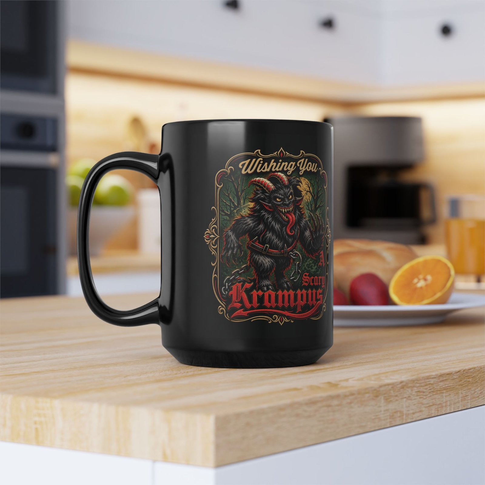 Wishing You a Scary Krampus - Black Mug – Dark Christmas Horror - Image 10