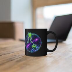 Reach for the Froggy - Black Mug – Cute Green Space Creature - Floating Frog - Image 4
