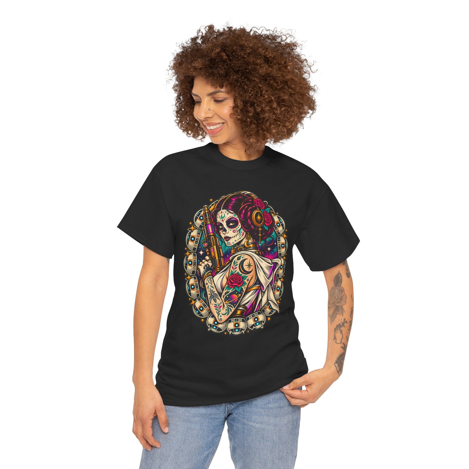 Tattooed Sugar Skull Princess - Unisex T-Shirt – Floral Cosmic Rebel - Tattoo Art - Image 2