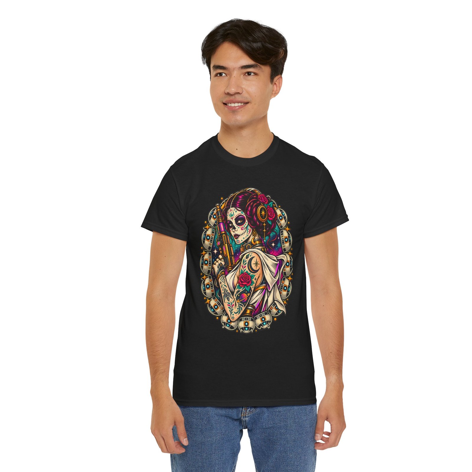 Tattooed Sugar Skull Princess - Unisex T-Shirt – Floral Cosmic Rebel - Tattoo Art - Image 5