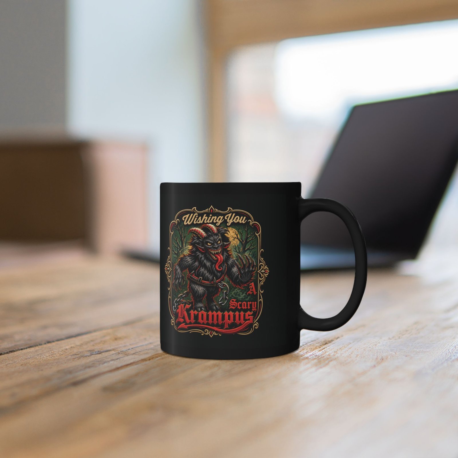 Wishing You a Scary Krampus - Black Mug – Dark Christmas Horror - Image 5