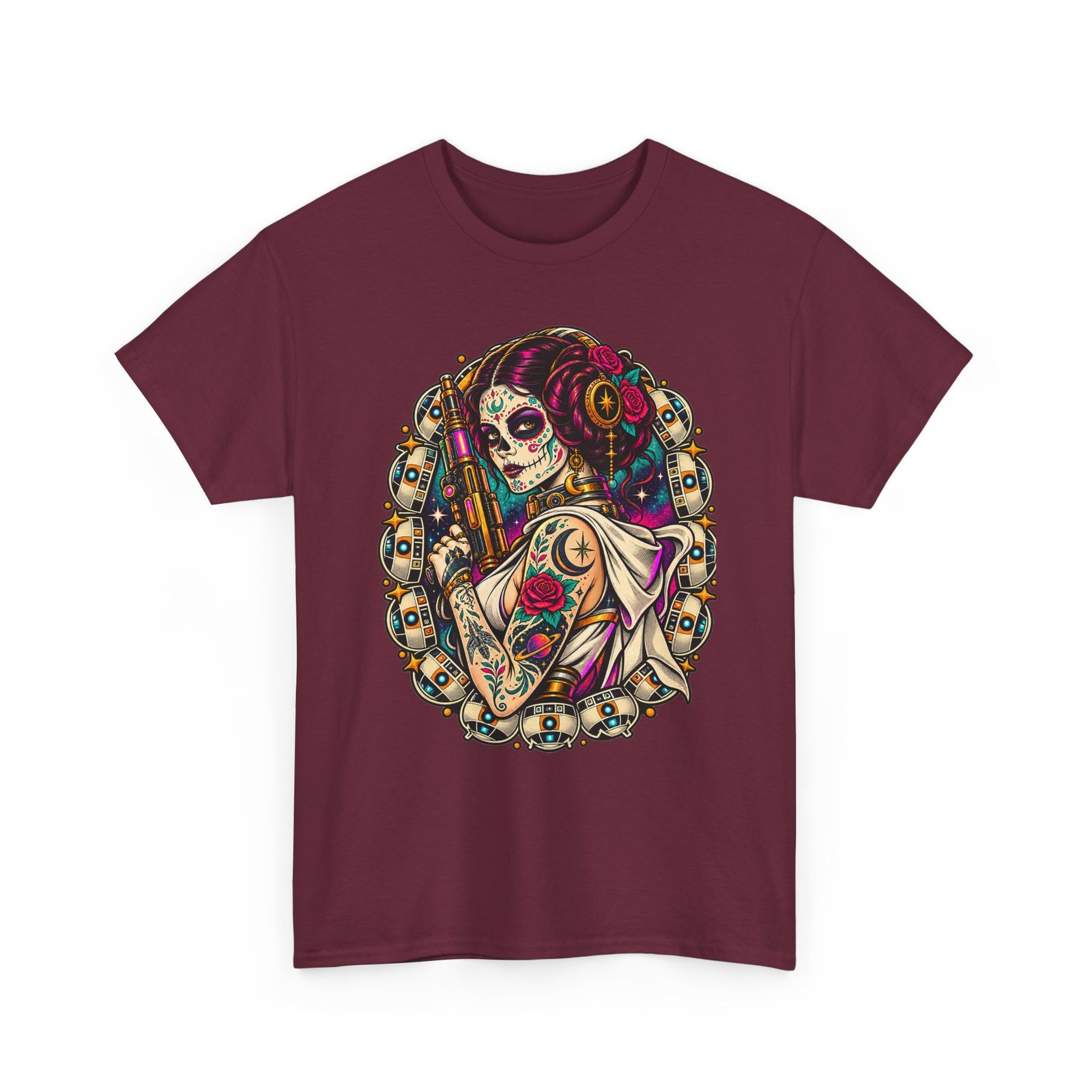 Tattooed Sugar Skull Princess - Unisex T-Shirt – Floral Cosmic Rebel - Tattoo Art - Image 10