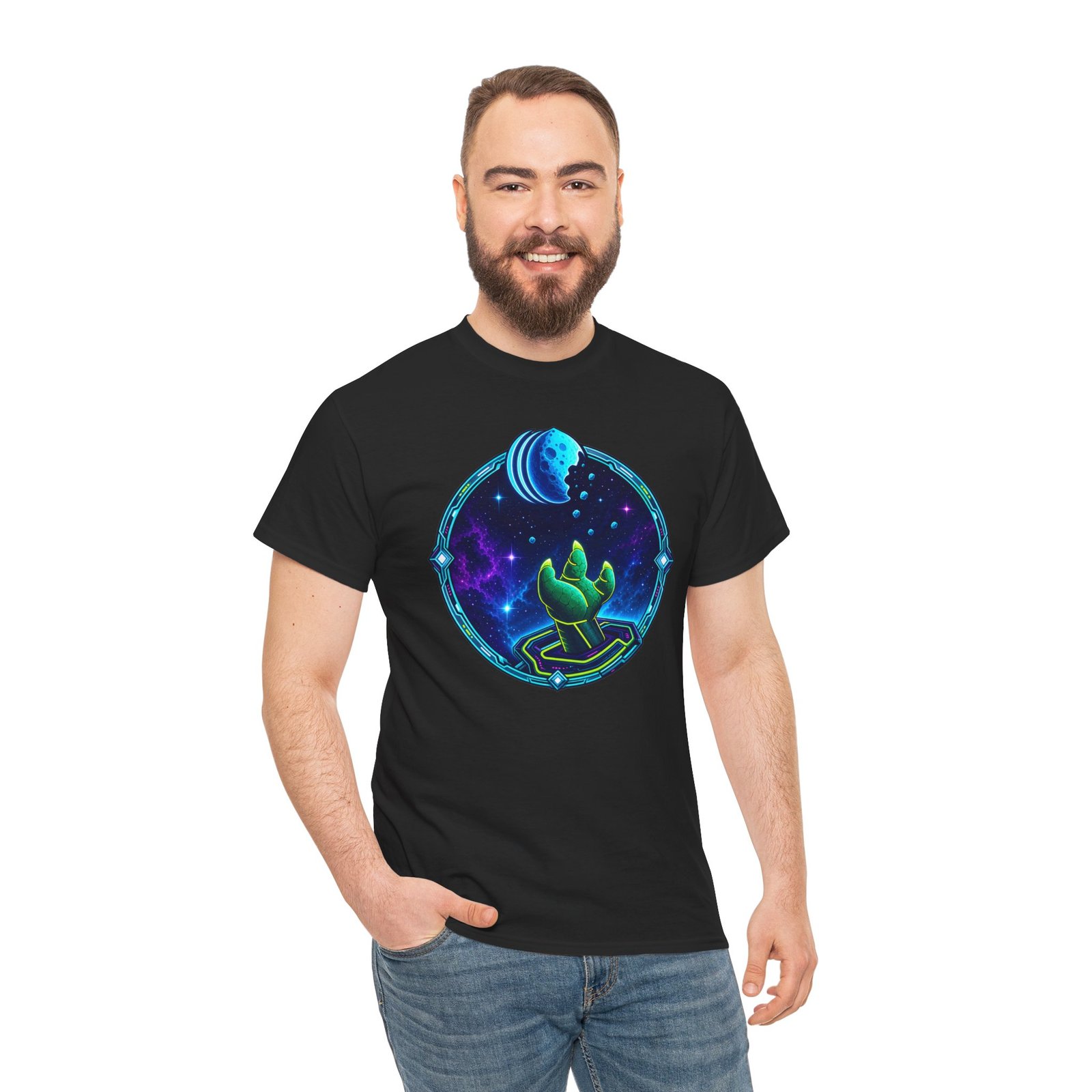 Reach for the Cookie - Unisex T-Shirt – Cute Green Space Creature - Floating Cookie - Image 3