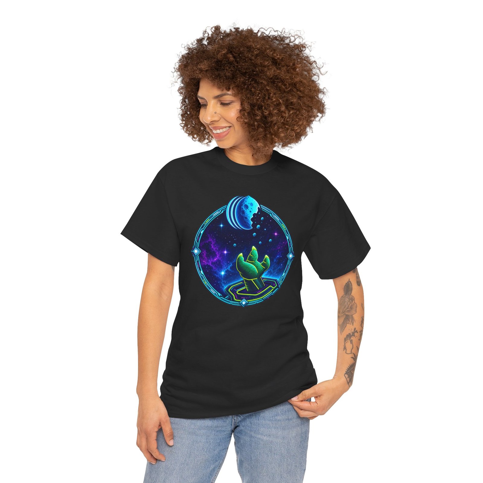 Reach for the Cookie - Unisex T-Shirt – Cute Green Space Creature - Floating Cookie - Image 6
