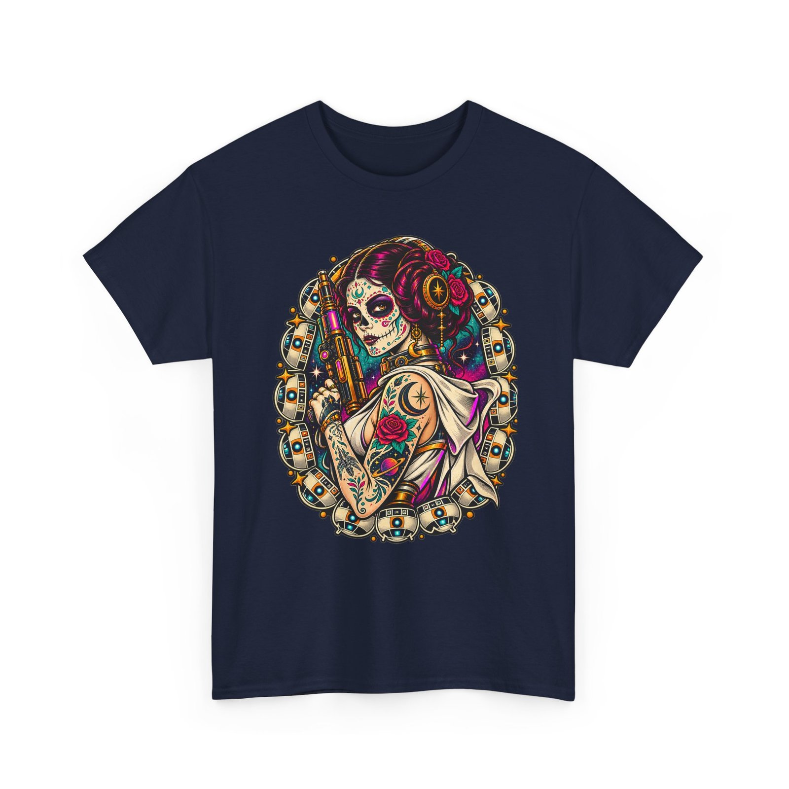 Tattooed Sugar Skull Princess - Unisex T-Shirt – Floral Cosmic Rebel - Tattoo Art - Image 17
