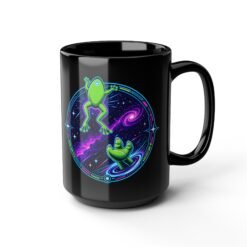 Reach for the Froggy - Black Mug – Cute Green Space Creature - Floating Frog - Image 8