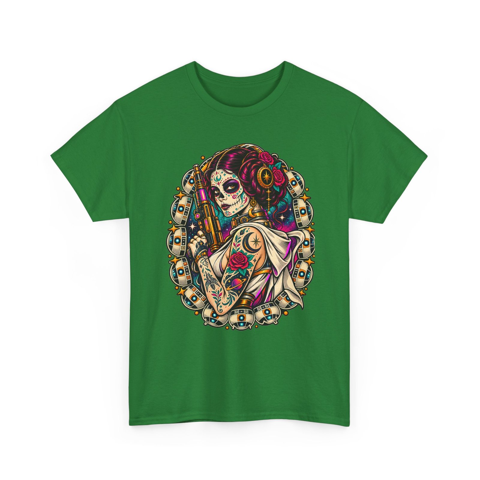 Tattooed Sugar Skull Princess - Unisex T-Shirt – Floral Cosmic Rebel - Tattoo Art - Image 13
