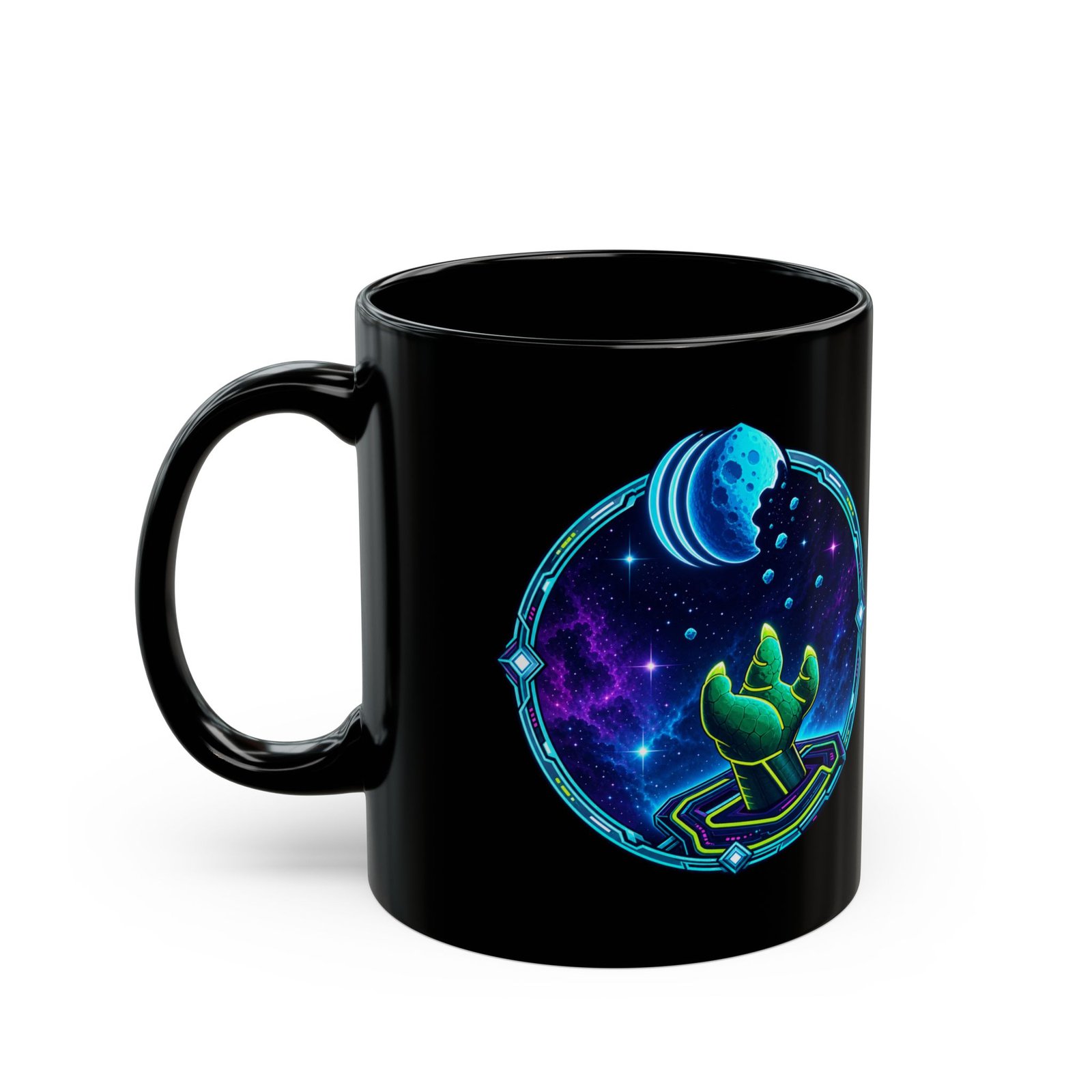 Reach for the Cookie - Black Mug – Cute Green Space Creature - Floating Cookie - Image 2