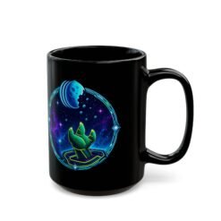 Reach for the Cookie - Black Mug – Cute Green Space Creature - Floating Cookie - Image 5