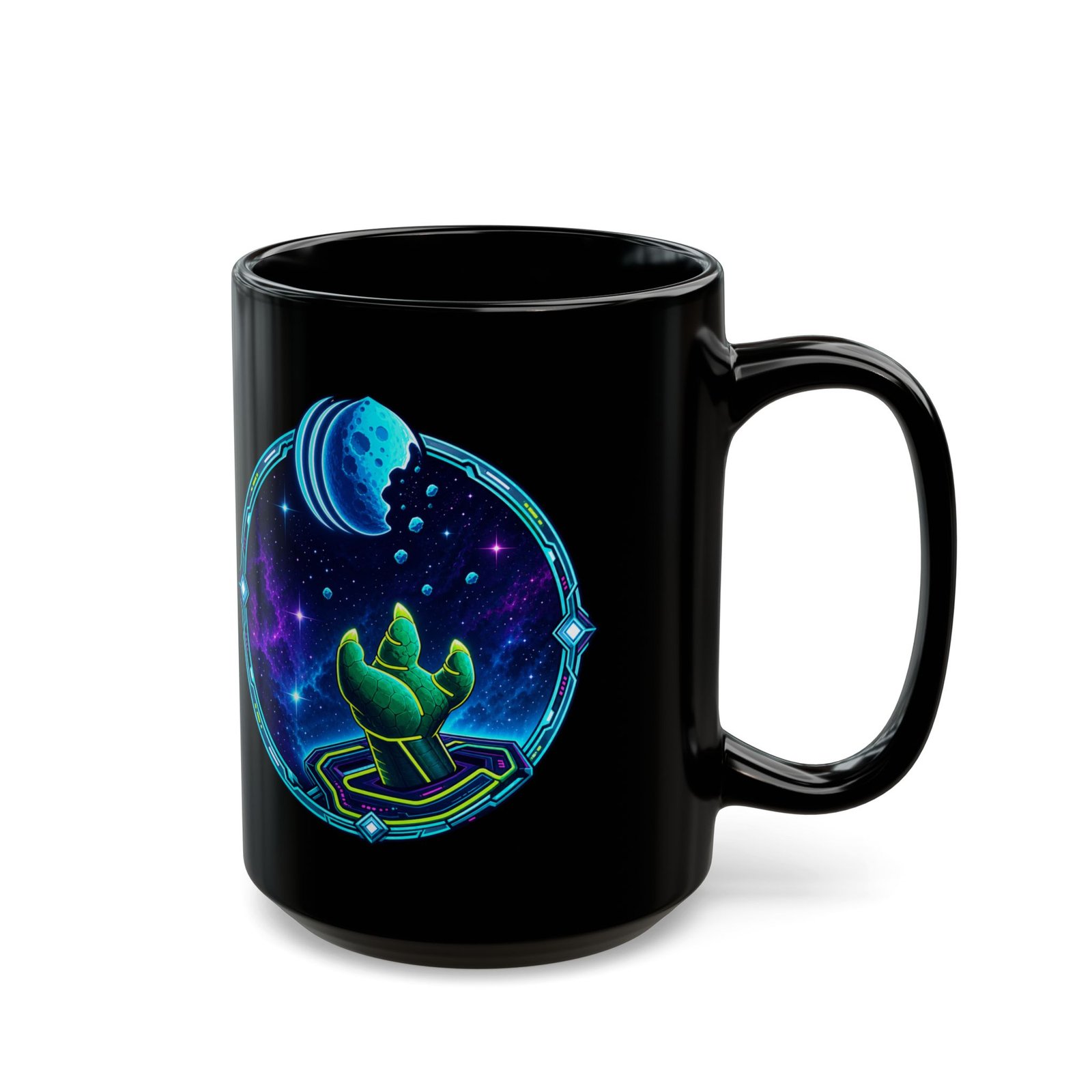 Reach for the Cookie - Black Mug – Cute Green Space Creature - Floating Cookie - Image 5