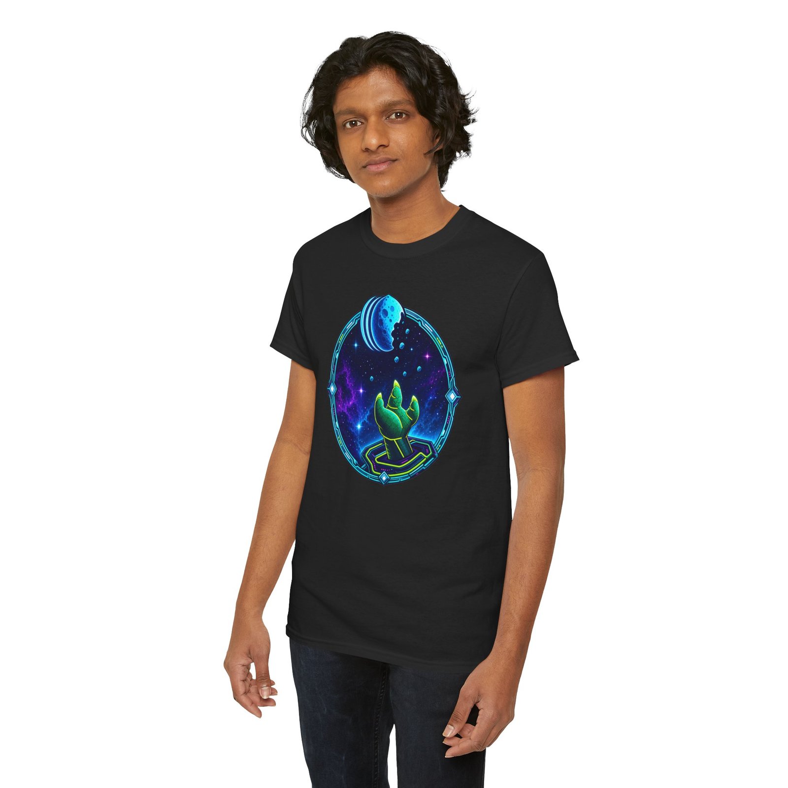 Reach for the Cookie - Unisex T-Shirt – Cute Green Space Creature - Floating Cookie - Image 5