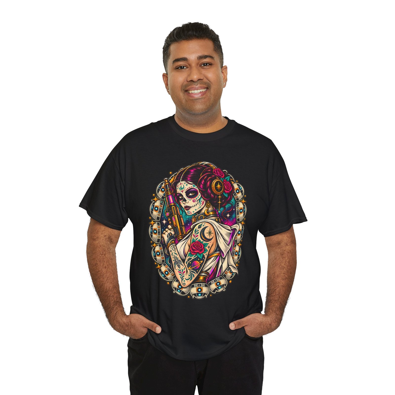 Tattooed Sugar Skull Princess - Unisex T-Shirt – Floral Cosmic Rebel - Tattoo Art - Image 4